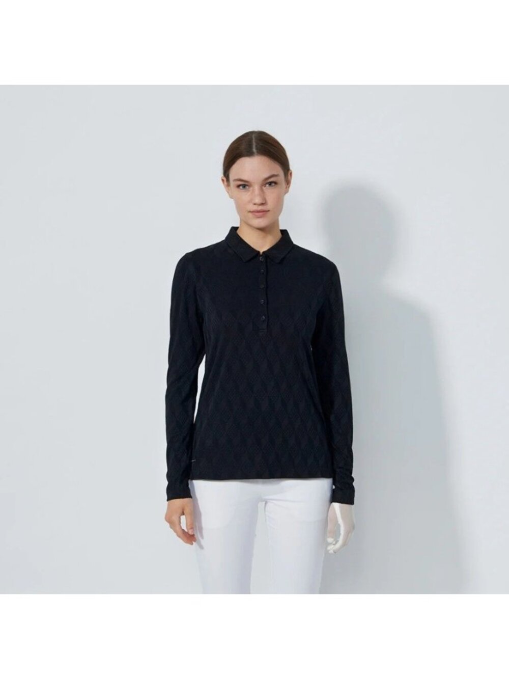 NEW Daily Sports Women's MEDIUM Black Graphic Jacquard Long Sleeve Polo Shirt